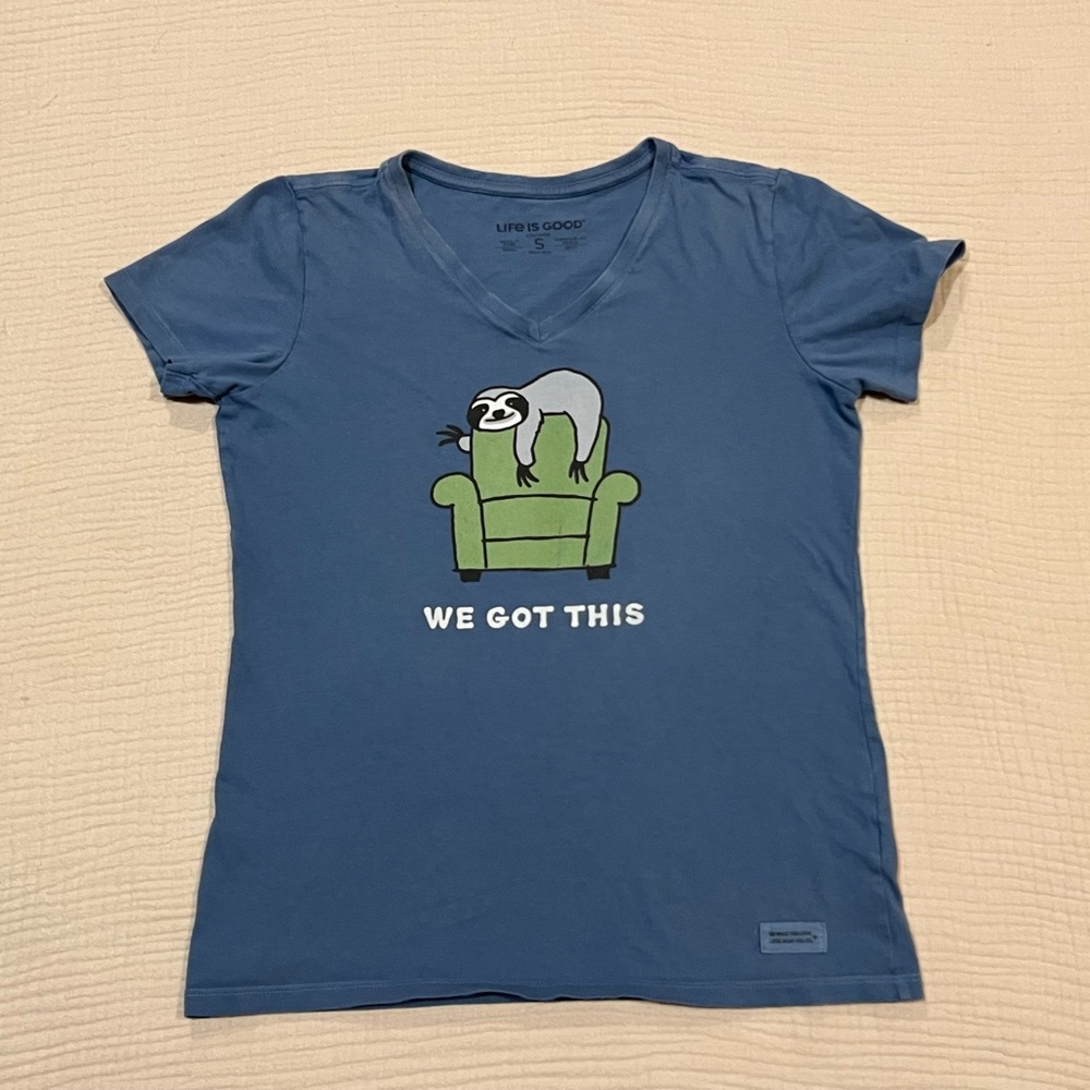 Life is Good Blue Sloth Graphic Crusher V-Neck Tee Shirt Women’s Size Small
